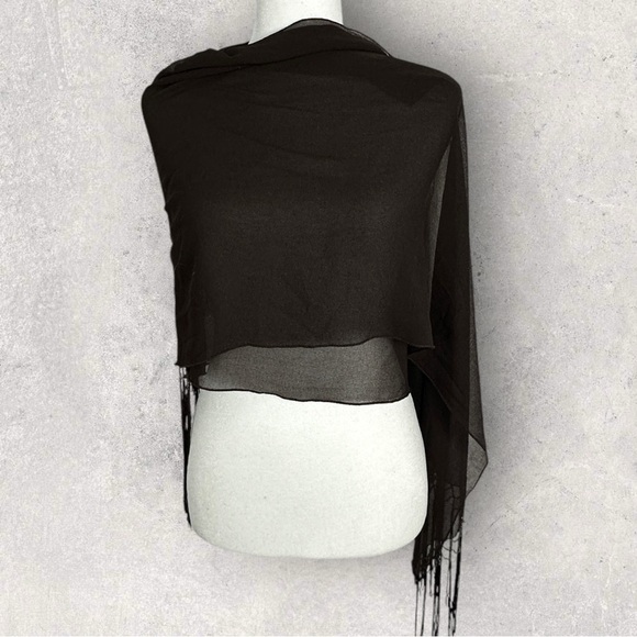 Brown Beaded Fringe Sheer Rectangular Scarf Bohemian Tassel 20" x 36" Wrap Skirt - Picture 4 of 15